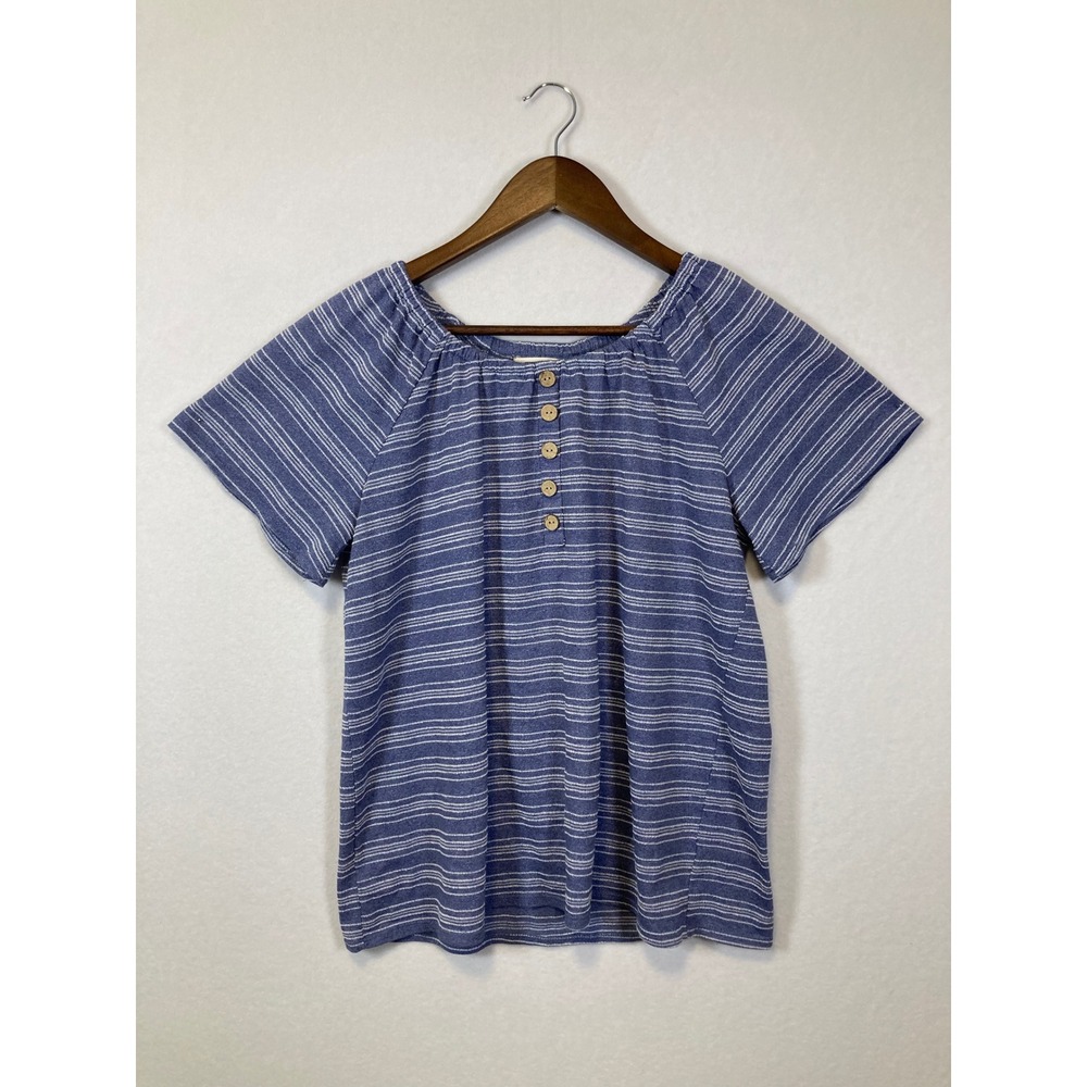 Retrology Henley Blouse Women Medium Blue White Striped Excellent Short Sleeve
